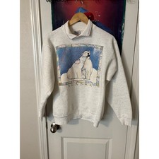 Vintage 90s Oneita Alaska Polar Bear Sweatshirt Double Collar Oatmeal Gray L