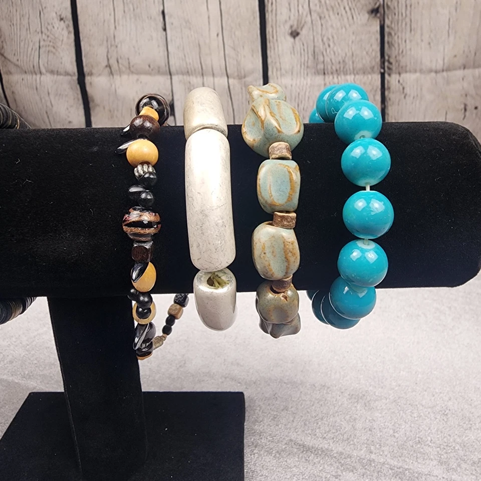 Lote de 7 Pulseras Elásticas Boho Cuentas - Cerámica, Madera, Latón, Azul Turquesa Be Foto 4 de 4