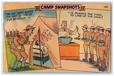1941 Camp Snapshots Sleeping in Tent Getting Food Buzzards Bay MA Comic Postcard