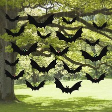 18 Pcs Hanging Bats Halloween Decoration Outside, Large Flying Plastic Bats...