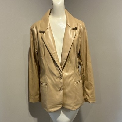 BCBGeneration Women s Beige  Pleather Blazer  Jacket Button Front Pockets M