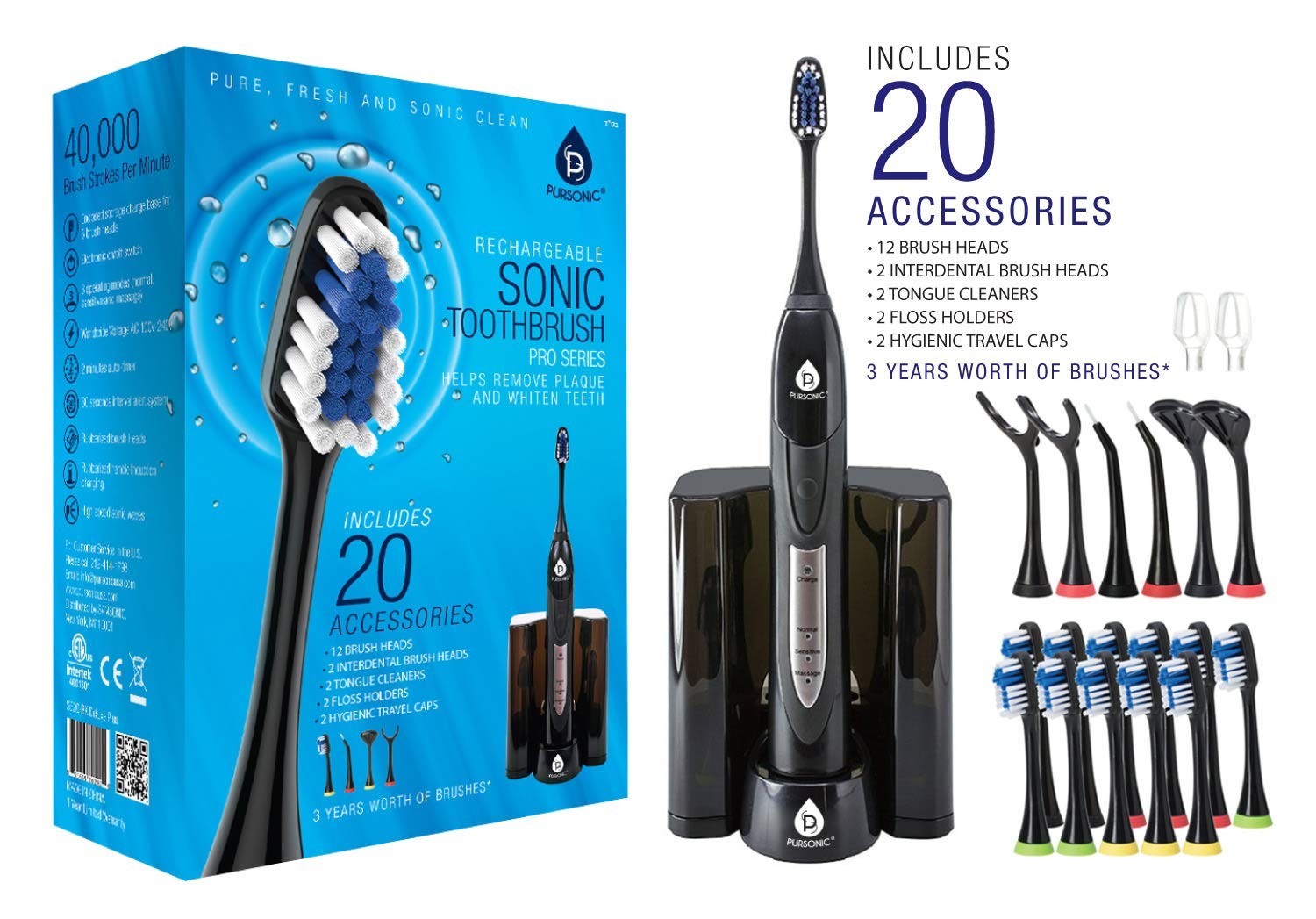 S520 Black Ultra High Powered Sonic Electric Toothbrush with Dock Charger, 12...