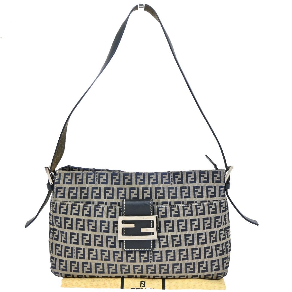 FENDI Logo Zucchino Pattern Shoulder Bag Canvas Leather Navy Blue Silver 70KP227