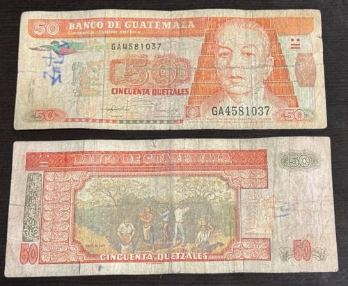 1992 Guatemala 50 Quetzales BANKNOTE Carlos Oscar Alselmon Very circulated - Picture 2 of 2