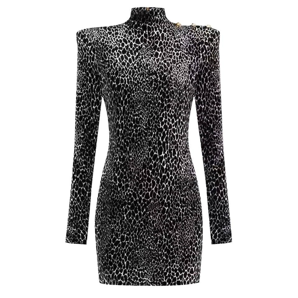 Vestido lápis curto fino feminino meia gola alta manga longa malha estampa de leopardo - Imagem 2 de 4