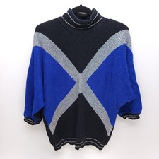 Vintage Blue Geometric Pattern Sweater Womens 80s Mid Sleeve