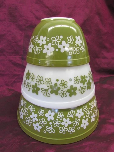 Vintage PYREX Spring Blossom green 3 nesting mixing bowls CLEAN 401 402 403