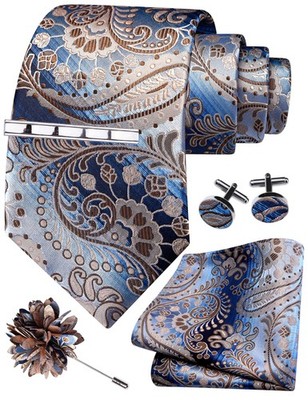 Blue Brown Tie Set for Men Paisley Wedding Silk Necktie Clip Pocket Square Cu...