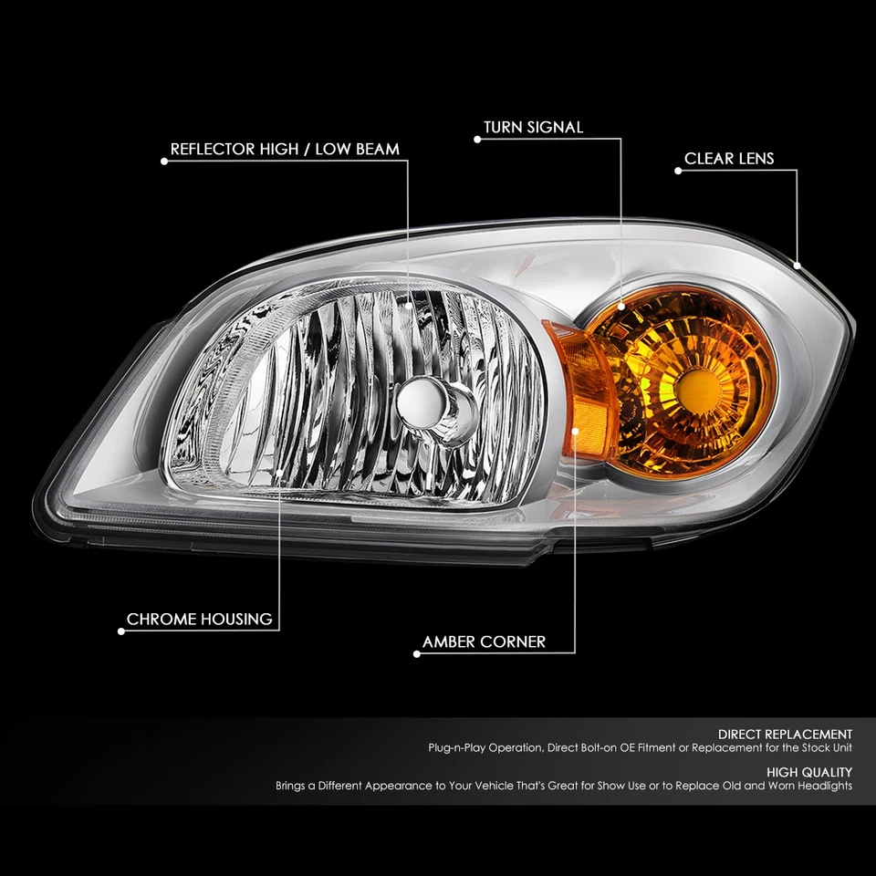 FOR 05-10 CHEVY COBALT PONTIAC G5 CHROME HOUSING AMBER CORNER HEADLIGHT HEADLAMP - Изображение 2 из 4