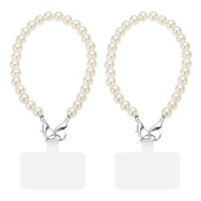 2Pcs Phone Wrist Strap 12" Cellphone Pearl Chain with Tether Tabs  Silver Clasp