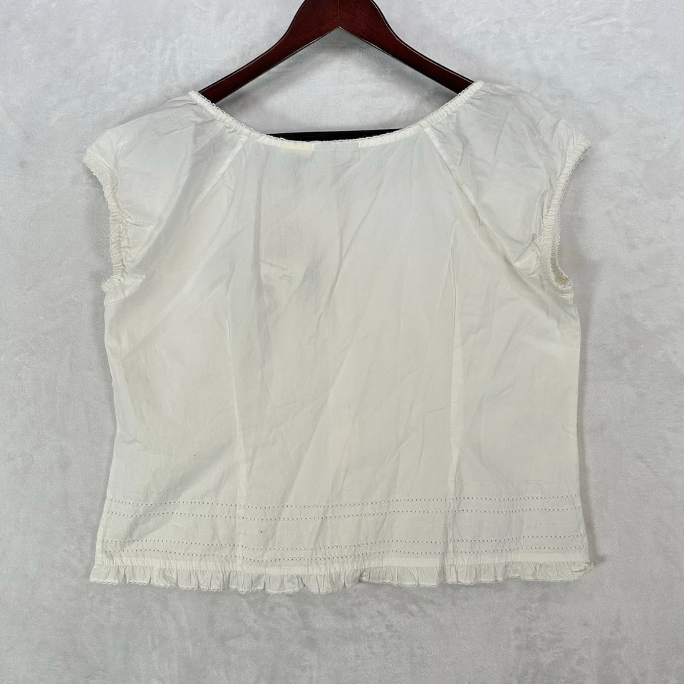 Top Vintage Desteñido Glory Mujer L Blanco Babydoll Botón Ojales Crochet Encaje Ribete Foto 3 de 4