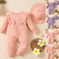 Newborn Baby Girls Bow Frilled Playsuit Jumpsuit Pants + Hat Outfit Clothes Set