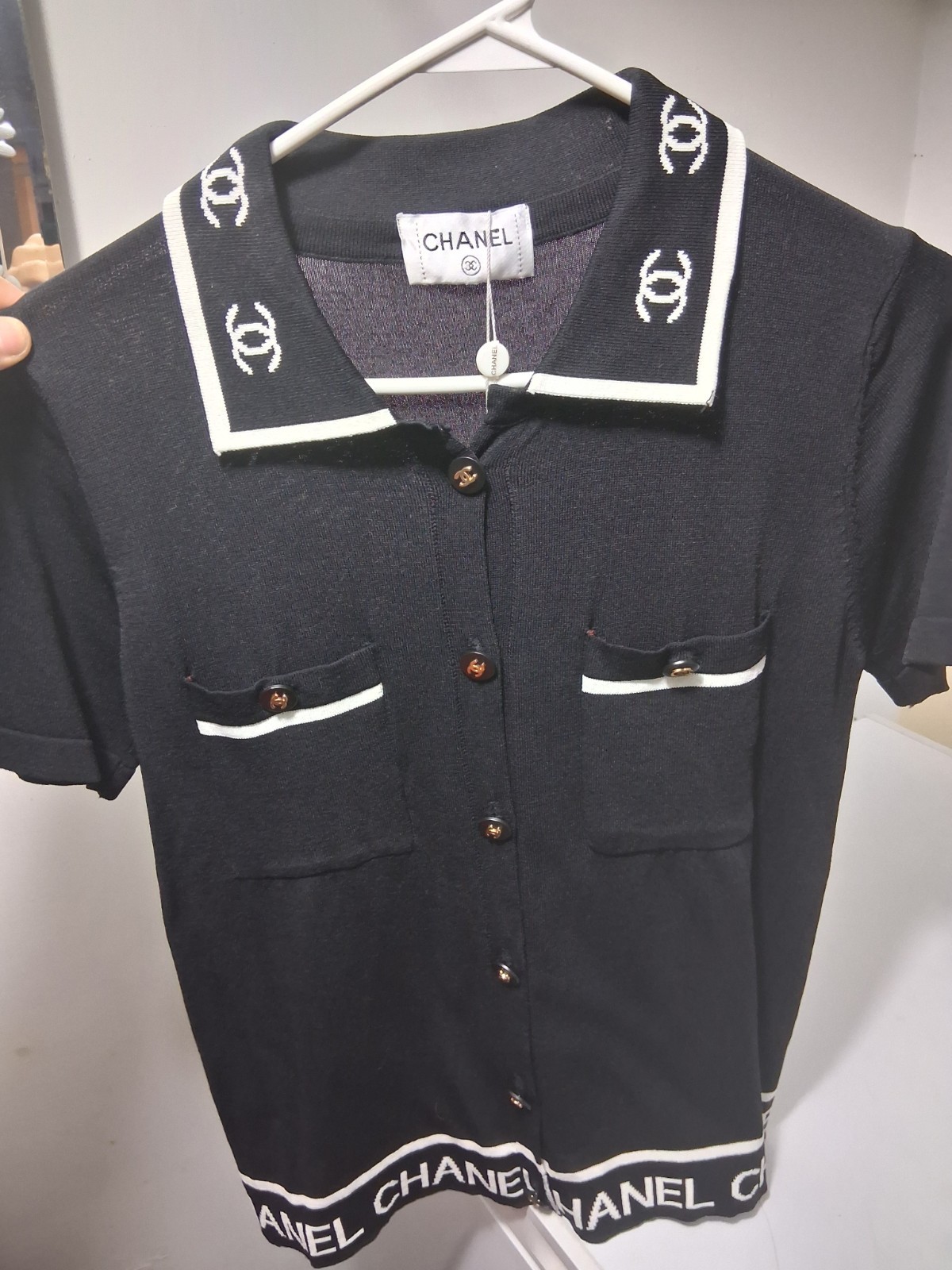 CHANEL Black Knit Collared Logo Women's Short Sleeve Blouse