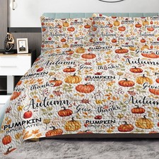 Pumpkin Autumn Leaves Design Quilt Set 3 Pieces Queen Size All Seasons Bedding