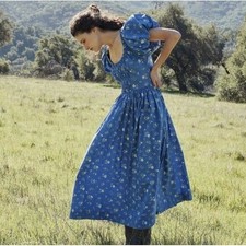 DOEN Deia Bouton de Rose Blue Floral Smocked Puff Sleeve Midi Dress XS