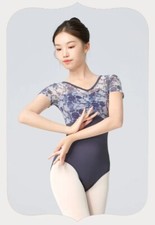 Floral Mesh Gym Ballet Leotards Dance Women V Neck Bodysuit Elegant Short Sleeve