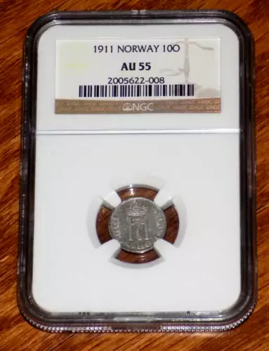 NORWAY 1911 NORWEGIAN 10 ORE 10O NGC AU55 AU 55 Certified Graded Coin