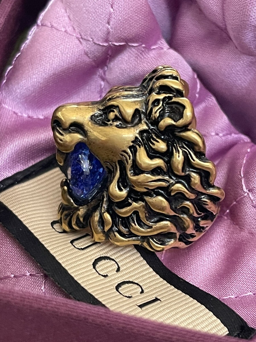 Iconic GUCCI Lion Head Ring Blue Crystal Bronze Gold US Size