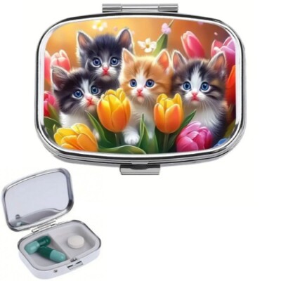 Cute Floral Kitten Pill Box 2 Compartments Cat Design for Purse & Pocket, Travel
