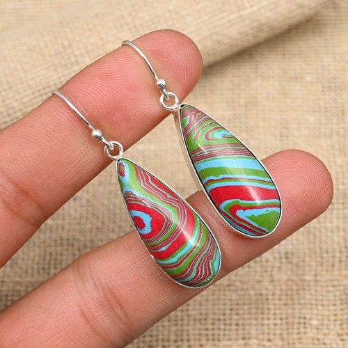 Rainbow Calsilica Gemstone Handmade 925 Sterling Silver Jewelry Earring