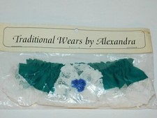 Vtg handmade Bridal Garter Green with White lace Satin Blue Flowers sz M New