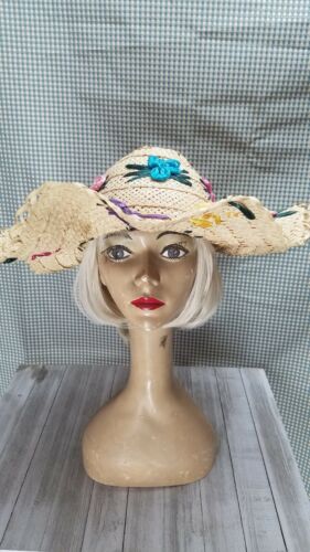 Vtg 60s 70s Wavy Brimmed Straw Sun Beach Hat Raffia Flowers Riviera Style - Picture 2 of 6