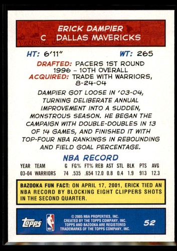 2004-05 Bazooka Erick Dampier Dallas Mavericks #52 - Picture 2 of 2