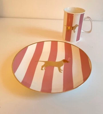 2teiliges Set mit Kaffeebecher und Teller rosa gestreift mit Dackel - Bild 1 von 3