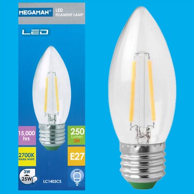4x 3W (=25W) Megaman Klar LED Filament Kerze Glühbirne ES E27 Edison Schraube