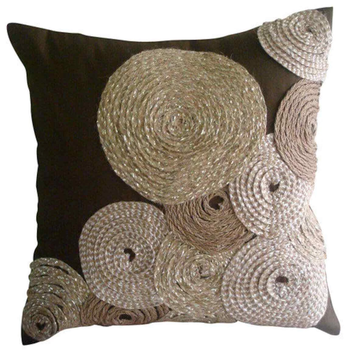 Pillow Cover Brown 16"x16", Square Silk Circles & Dots - Adorned By Jute