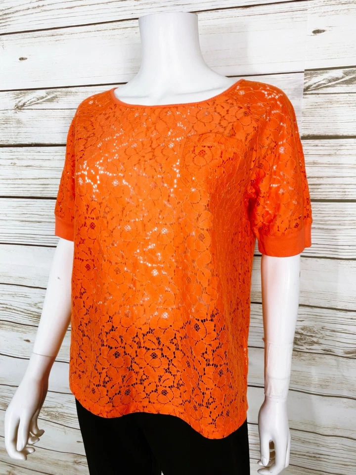 Jones New York Sport Womens Top Size M Orange Floral Lace Short Sleeve Pullover Foto 3 de 4