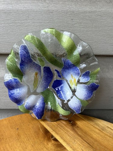 Sydenstricker Purple Orchids Flowers Leaves Fused Art Glass Crimped Dish Bowl 7"