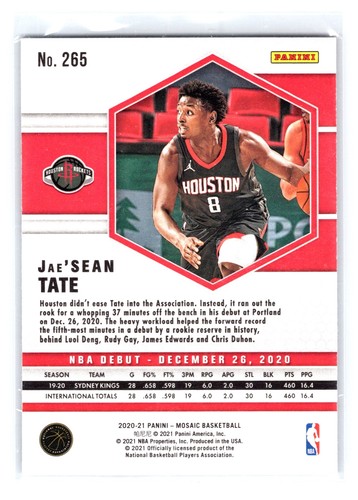 2020 Panini Mosaic Jae'Sean Tate #265 NBA Debut RC Rockets - Picture 2 of 2