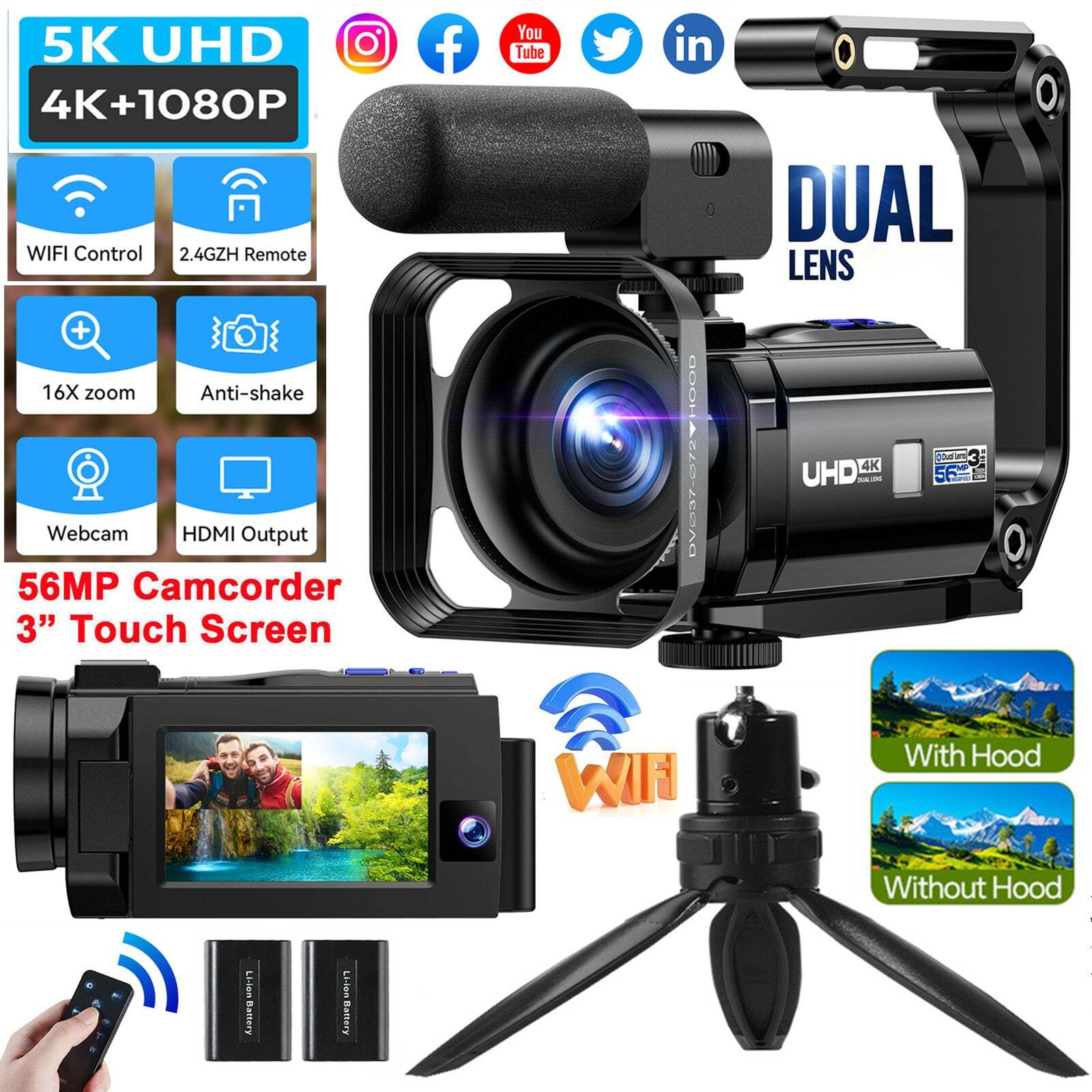 Camcorder Video Camera UHD 5K + 1080P Front &Rear Dual Lens WiFi IR Night Vision-image