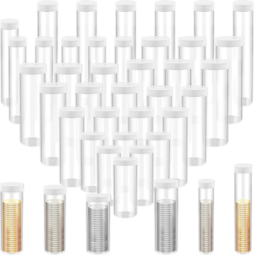 36 Coin Collection Tubes, 6 Sizes, Clear Plastic with Screw-On Lids, Airtight Se