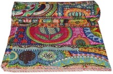 Handmade Kantha Quilt Floral Prints Cotton Hippie Bohemian PicnicThrow Blanket
