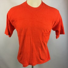 Vintage 60s 70s Terry Cloth Textured Knit Blank Pocket T Shirt Surf Beach Swim