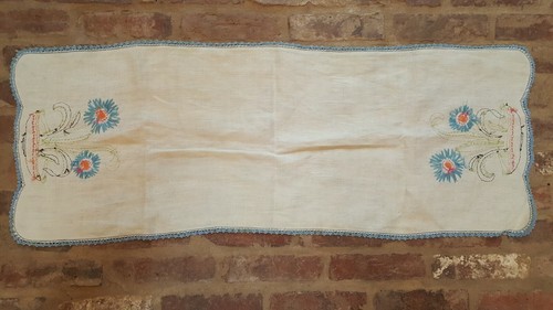Vintage Hand Embroidered Dresser Scarf - Blue Edging & Flowers - 15" x 39.5" - Picture 2 of 4