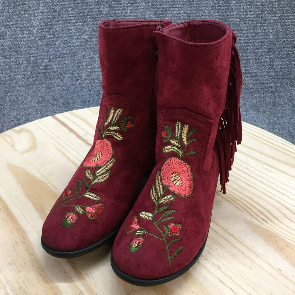 Weeboo Boots Womens 7.5 Mid Calf Burgundy Suede Zip Embossed Floral Tasseled - Image 3 of 4