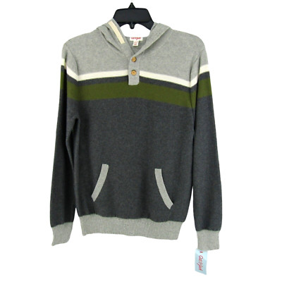 Cat & Jack Hooded Henley Gray Green Stripe Sweater Boys L 12 14 New Tag
