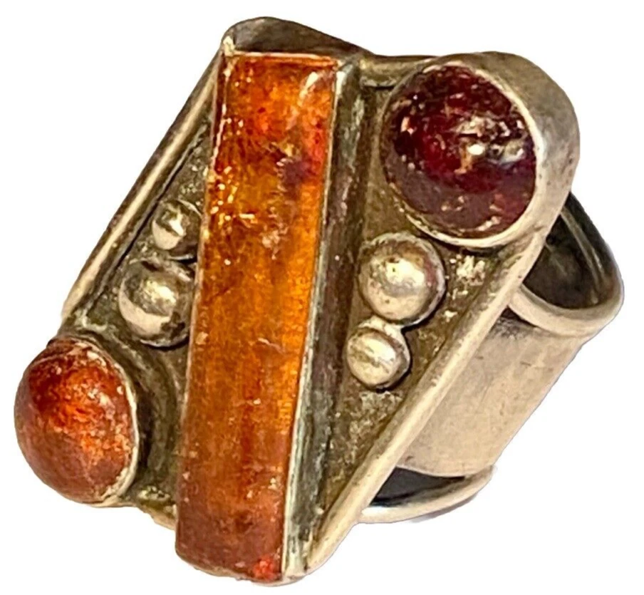 Anillo de escultura brutalista modernista artesanal estudio ámbar plata firmado 1978 7,5 Foto 4 de 4