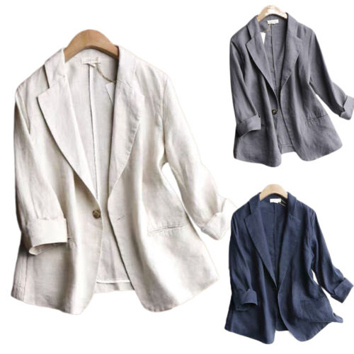 Women's Cotton Linen Suit Blazer 3/4 Sleeve One Button Thin Coat Summer Casual - Picture 1 of 20