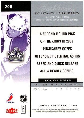 2006-07 Fleer Ultra #208 Konstantin Pushkarev - Rookie RC FREE SHIPPING! - Picture 2 of 2