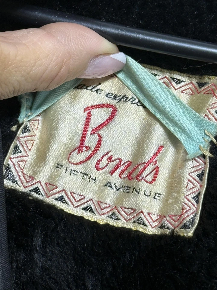 Vintage Bonds Fifth Avenue Coat Mens 42S Black Car Coat Raglan Faux Fur 60s - Image 3 of 4