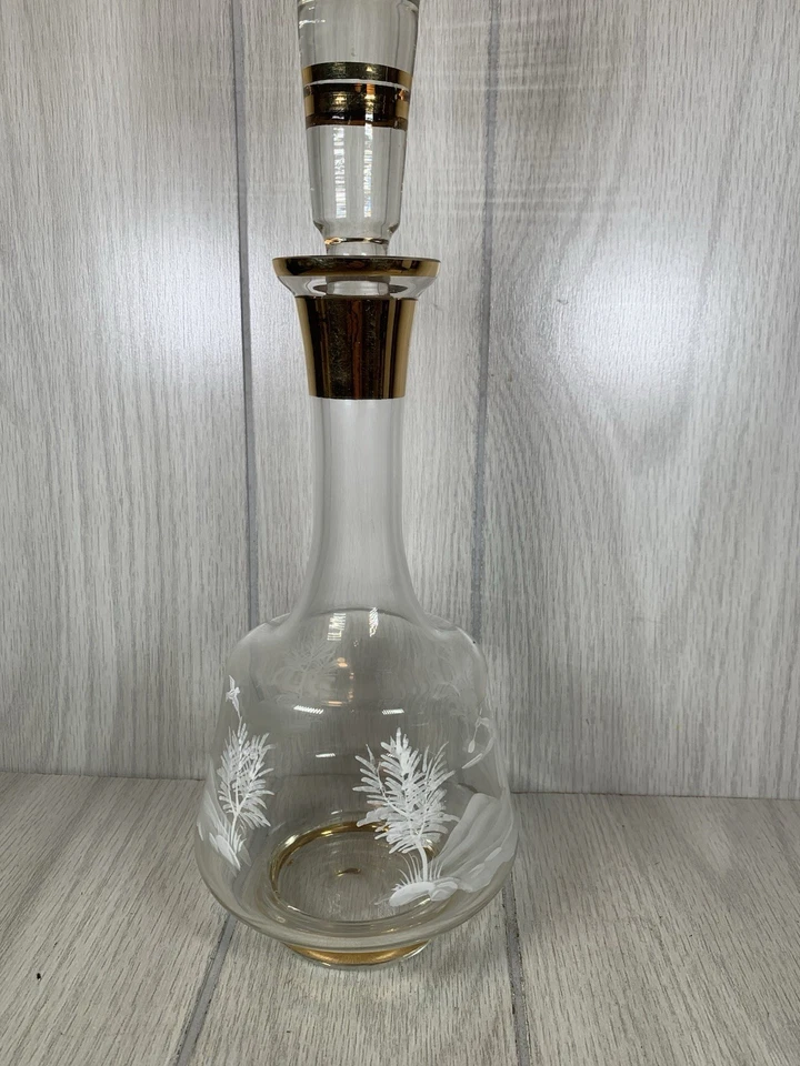 Vtg Czech Bohemia crystal decanter 6 matching glasses Hand Painted Boy Girl Bird - Image 3 of 4