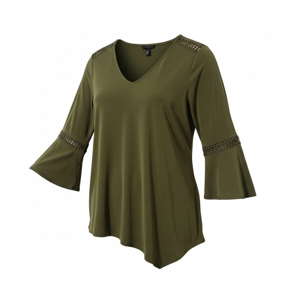 Top para mujer New Directions verde oliva manga campana talla grande dobladillo asimétrico Foto 2 de 4