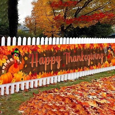 Large Happy Thanksgiving Banner, Turkey Maple Leaf Pumpkin Thanksgiving Fence Ya