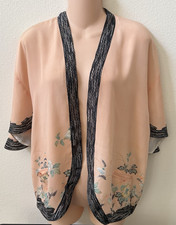 Vintage Silk Kimono Lined Cover-Up One Size Floral Art with 2 Pockets