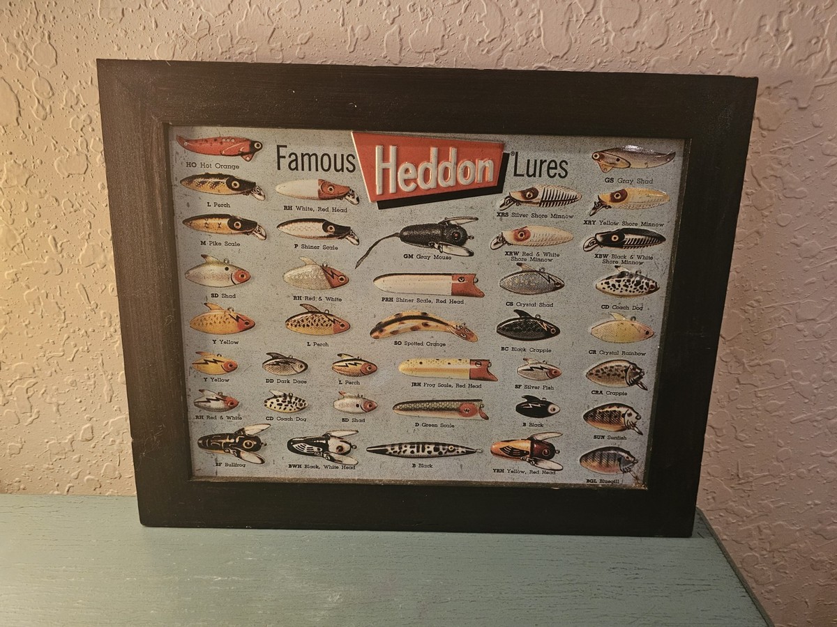 Vintage Heddon Famous Lures Metal Sign W/Matte Black Wood Frame