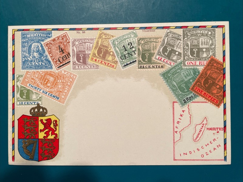 OTTMAR ZIEHER Mauritius STAMPS Postcard w/ Crest & Map, early 1900s